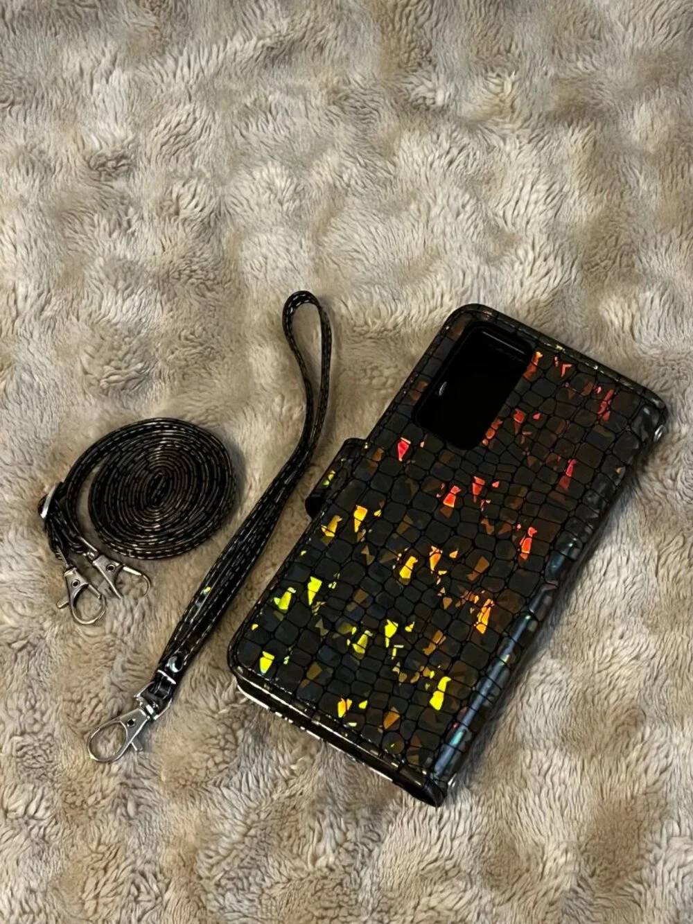 Reflective Flower iPhone Crossbody Case Wallet Purse with cross body Straps